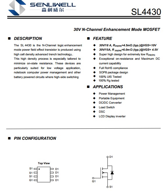 SL4430 30V18A/5.5WNϵSOP-8bMOSAO4430